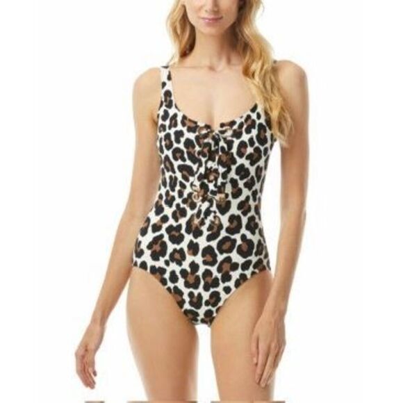 MICHAEL MICHAEL KORS Women S Beige Animal Print Stretch Full Coverage Tie One Pi - Picture 1 of 3